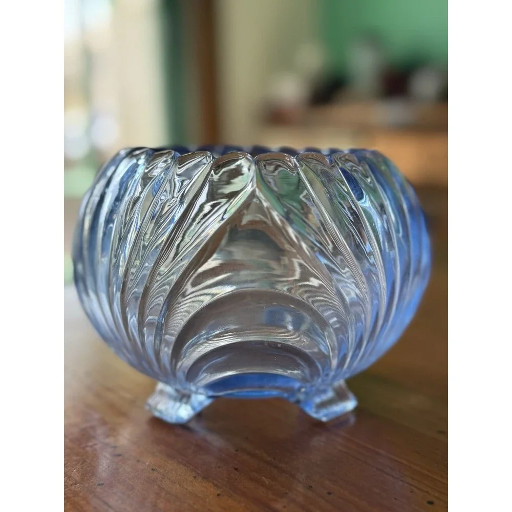 Vintage Elegant Glass Cambridge Blue Caprice Footed Rose Bowl 4.5
